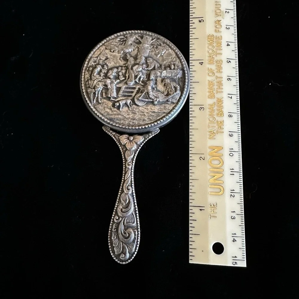 Vintage Small Repousse Silverplate Hand Mirror Hans Jensen Denmark Art Nouveau